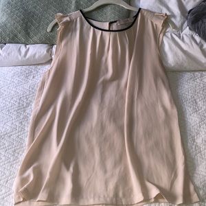 LOFT Blush top with pleating and flutter sleeves. Black trim. Key hole back